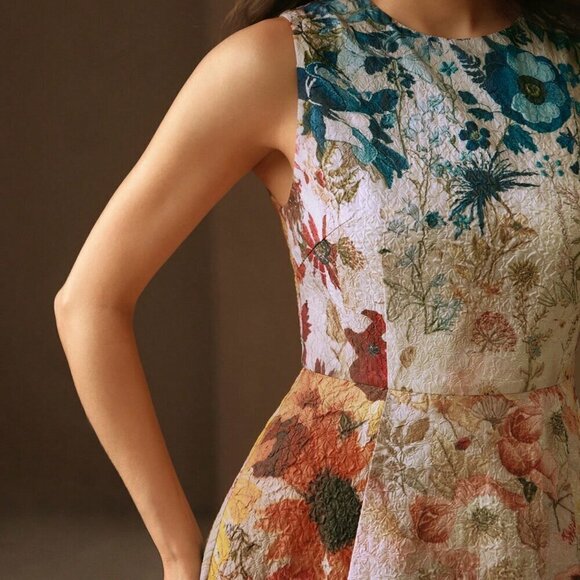 Multicolor Boho Women's Round Neck Floral Waist Fitted A-Line Dress - Picture 3 of 6